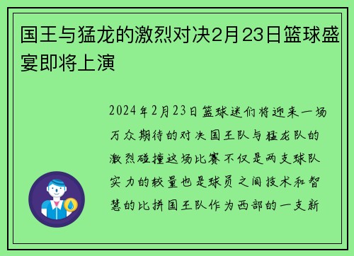 国王与猛龙的激烈对决2月23日篮球盛宴即将上演